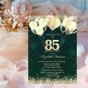 Gold Glitter Confetti Balloons Green 85th Birthday Invitation