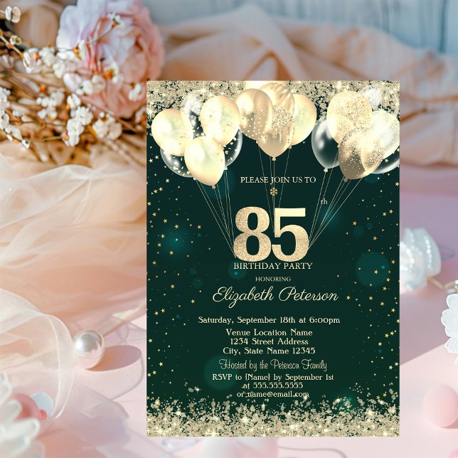 Gold Glitter Confetti Balloons Green 85th Birthday Invitation (Creator Uploaded)