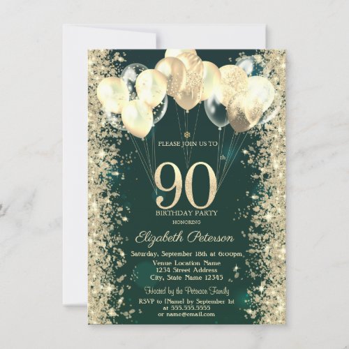 Gold Glitter Confetti Balloons Green 90th Birthday Invitation