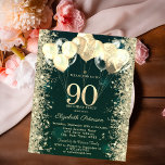 Gold Glitter Confetti Balloons Green 90th Birthday Invitation<br><div class="desc">A modern,  chic and glamorous glitter confetti,  and balloons on a green background.</div>