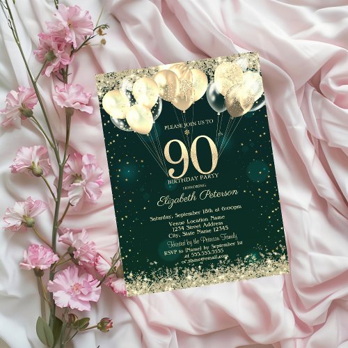 Gold Glitter Confetti Balloons Green 90th Birthday Invitation