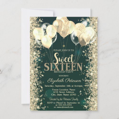  Gold Glitter Confetti Balloons Green Sweet 16 Invitation