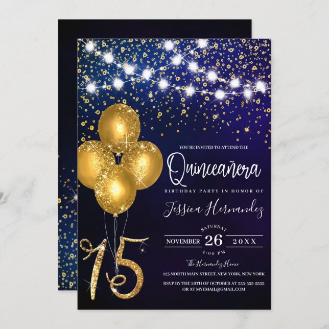 Gold Glitter Confetti Balloons Lights Quinceañera Invitation (Front/Back)