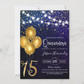 Gold Glitter Confetti Balloons Lights Quinceañera Invitation (Front)