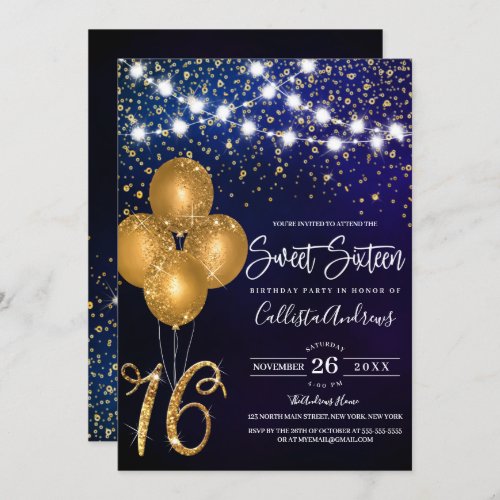 Gold Glitter Confetti Balloons Lights Sweet 16 Invitation