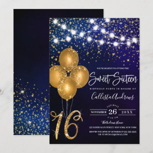 Gold Glitter Confetti Balloons Lights Sweet 16 Invitation