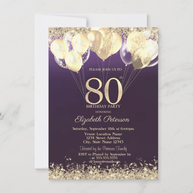 Gold Glitter Confetti Balloons Purple 80th  Invitation (Front)