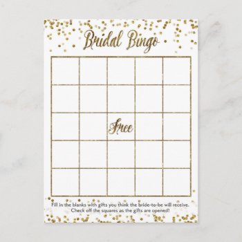 Gold Glitter Confetti Bingo Bridal Shower Game Invitation Postcard by weddingsnwhimsy at Zazzle