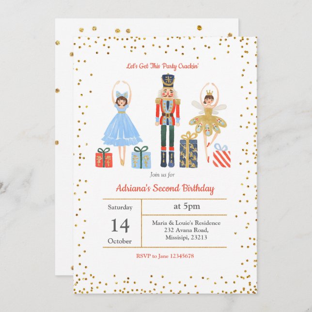 Gold Glitter Confetti Birthday Invite Nutcracker (Front/Back)