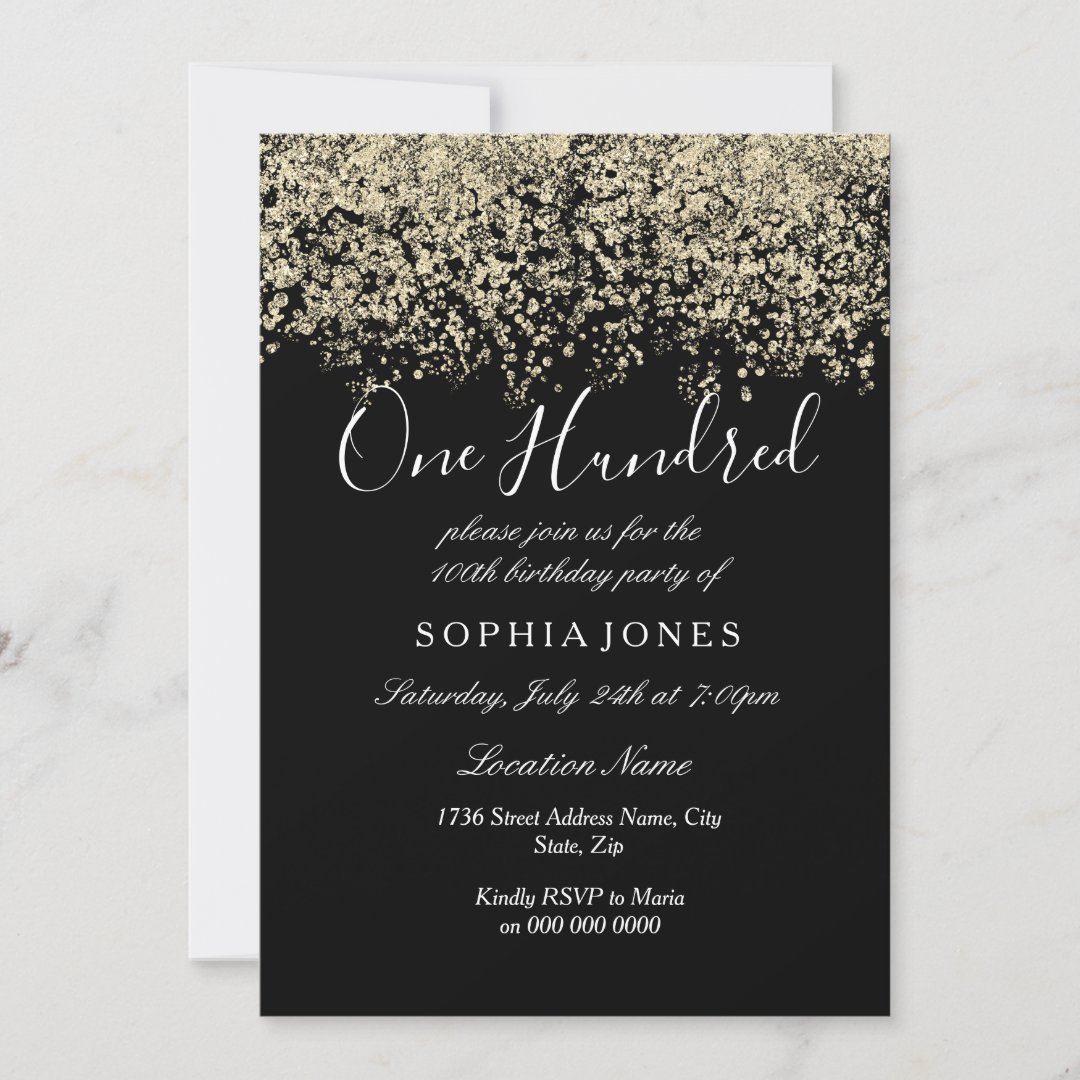 Gold Glitter Confetti Black 100th birthday party Invitation | Zazzle