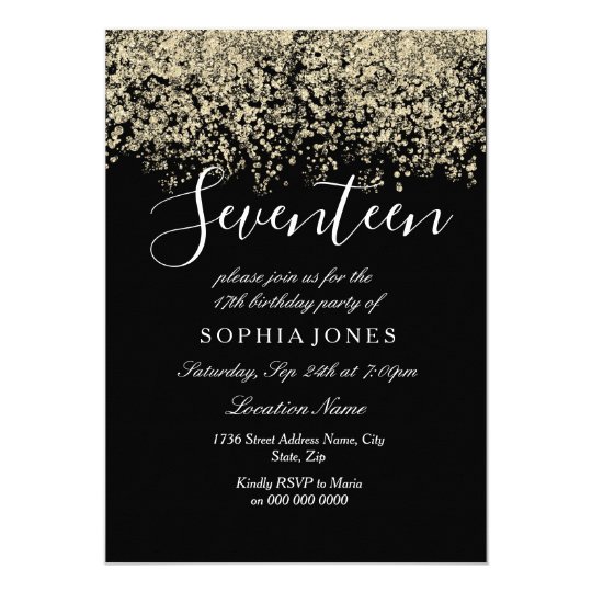 gold glitter confetti black 17th birthday party invitation zazzle com