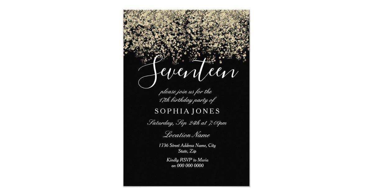 Gold Glitter Confetti Black 17th birthday party Invitation | Zazzle.com