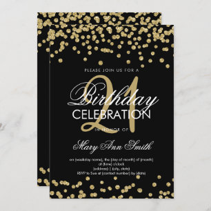 Gold Glitter Confetti Black 21st Birthday Invitation