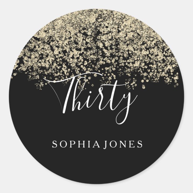 Gold Glitter Confetti Black 30th birthday party Classic Round Sticker (Front)