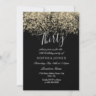 Gold Glitter Confetti Black 30th birthday party Invitation
