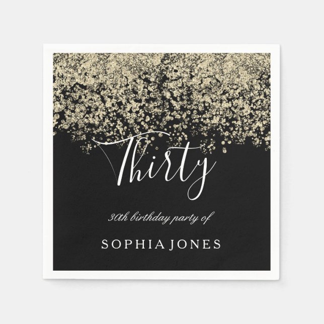 Gold Glitter Confetti Black 30th birthday party Napkins (Front)