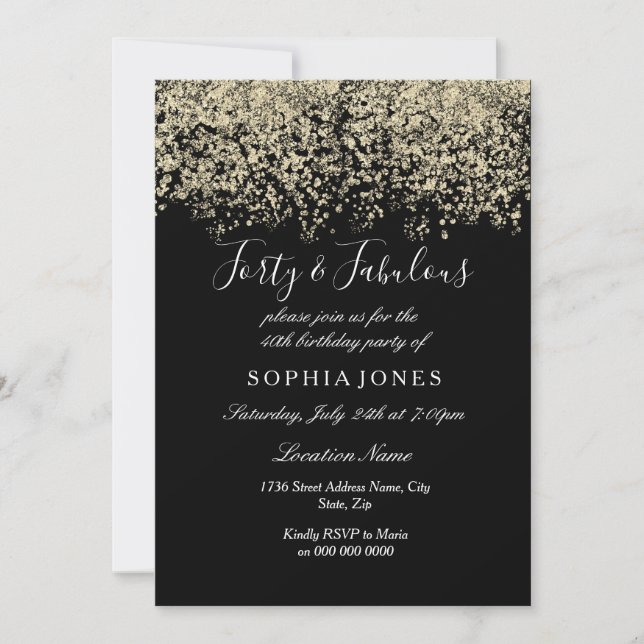 Gold Glitter Confetti Black 40th birthday party Invitation (Front)
