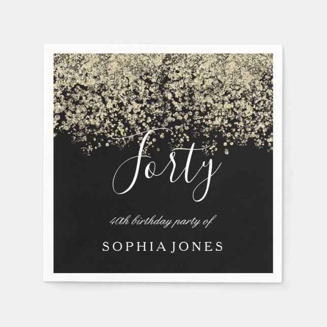 Gold Glitter Confetti Black 40th birthday party Napkins (Front)
