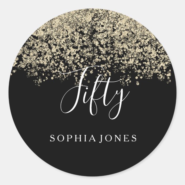 Gold Glitter Confetti Black 50th birthday party Classic Round Sticker (Front)