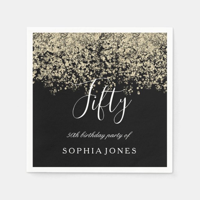Gold Glitter Confetti Black 50th birthday party Paper Napkins (Front)