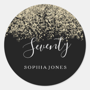 Gold Glitter Confetti Black 70th birthday party Classic Round Sticker