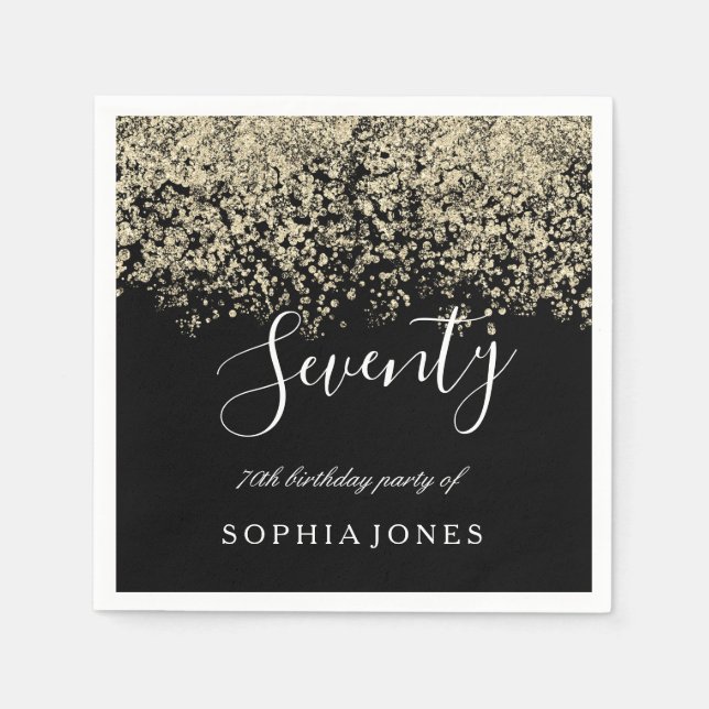 Gold Glitter Confetti Black 70th birthday party Paper Napkins (Front)