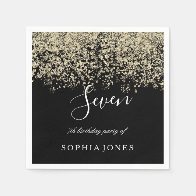 Gold Glitter Confetti Black 7th birthday party Napkins (Front)