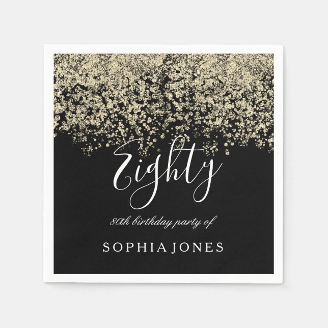 Gold Glitter Confetti Black 80th birthday party Napkins (Front)