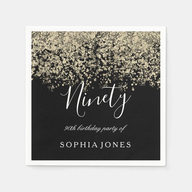 Gold Glitter Confetti Black 90th birthday party Paper Napkins (Front)
