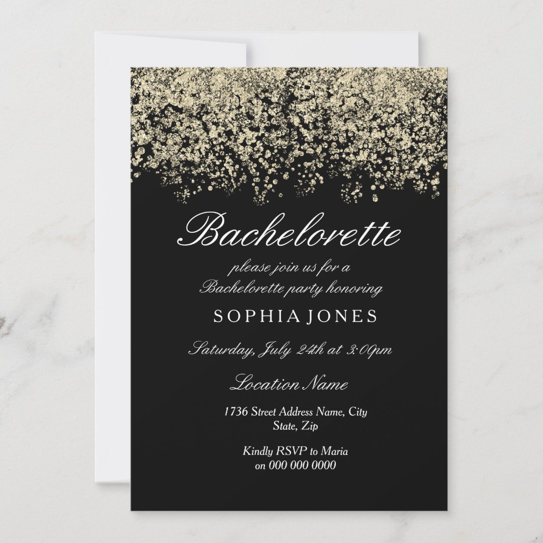 Gold Glitter Confetti Black Bachelorette Party Invitation | Zazzle