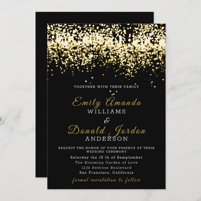 Gold Glitter Confetti Black Wedding Invitation (Front/Back)