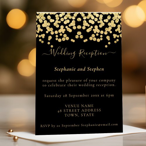 Gold Glitter Confetti Black Wedding Reception Invitation