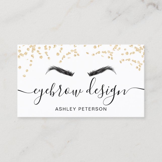 Gold glitter confetti black white eyebrow design business card (Front)