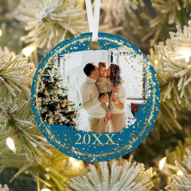 Gold Glitter Confetti Blue Family Photo Christmas Metal Ornament (Insitu)