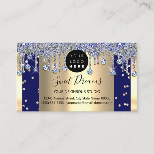 Gold Glitter Confetti Blue Navy Drips Framed Business Card