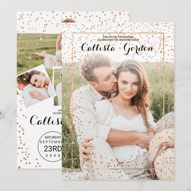 Gold Glitter Confetti Border Photo Collage Wedding Invitation (Front/Back)
