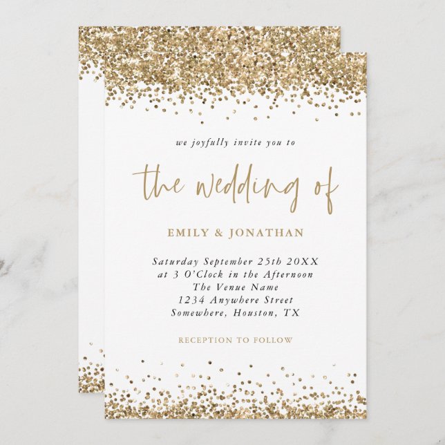 Gold Glitter Confetti Borders Script Wedding  Invitation (Front/Back)