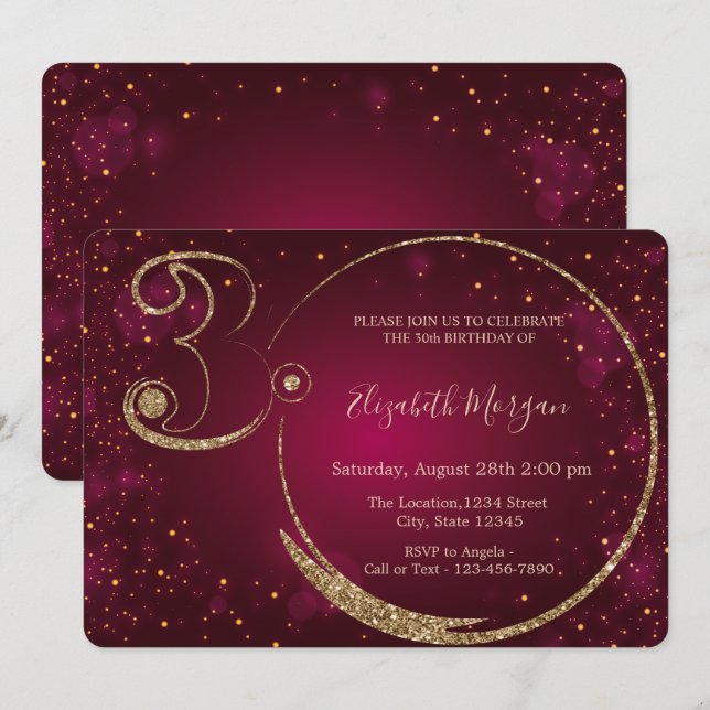  Gold Glitter Confetti Burgundy 30th Birthday   Invitation (Front/Back)