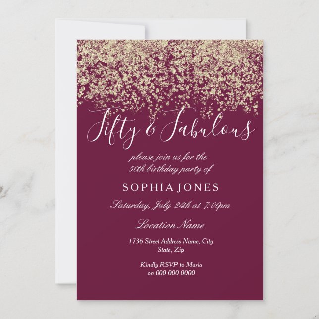 Gold Glitter Confetti Burgundy 50th birthday party Invitation (Front)