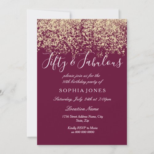 Gold Glitter Confetti Burgundy 50th birthday party Invitation