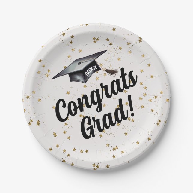 Gold Glitter Confetti Congrats Grad Graduation Hat Paper Plates (Front)