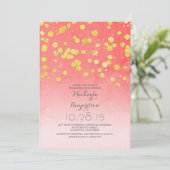 gold glitter confetti coral pink bridal shower invitation (Standing Front)