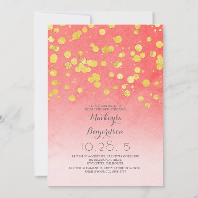 gold glitter confetti coral pink bridal shower invitation (Front)