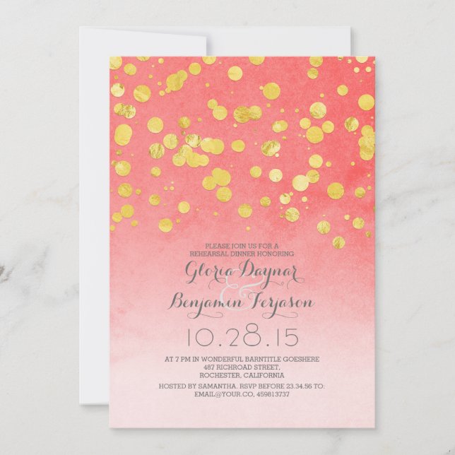 gold glitter confetti coral pink rehearsal dinner invitation (Front)