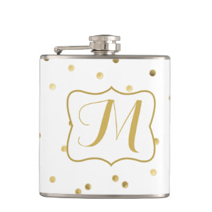 Gold Glitter Confetti Dot Monogram Whiskey Flask