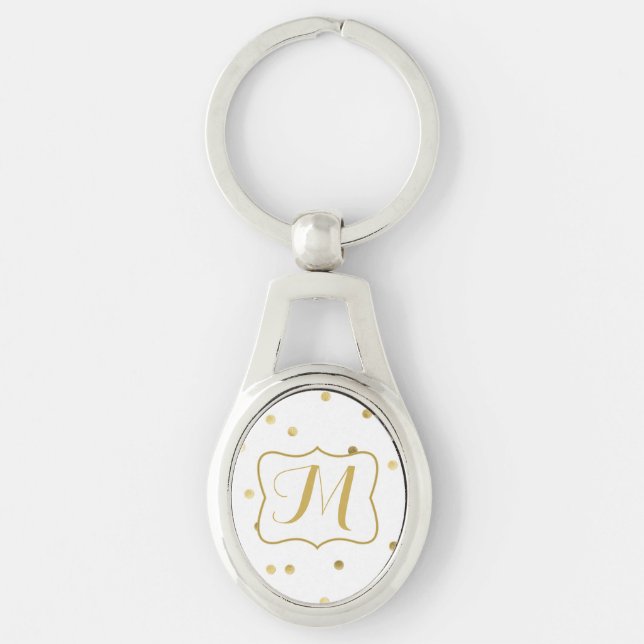 Gold Glitter Confetti Dot Polka Monogram Key Chain (Front)
