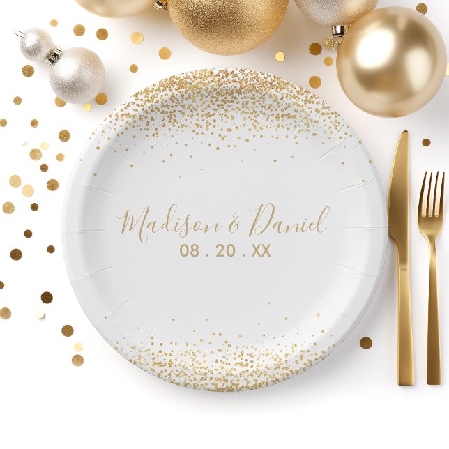 Gold Glitter Confetti Elegant Personalized Wedding Paper Plates (Creator Uploaded)