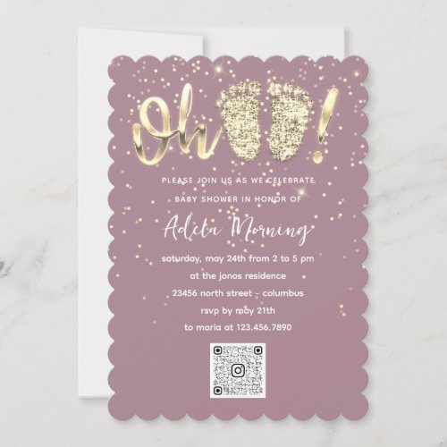 Gold Glitter Confetti Feet Baby Girl Custom QRCODE Invitation