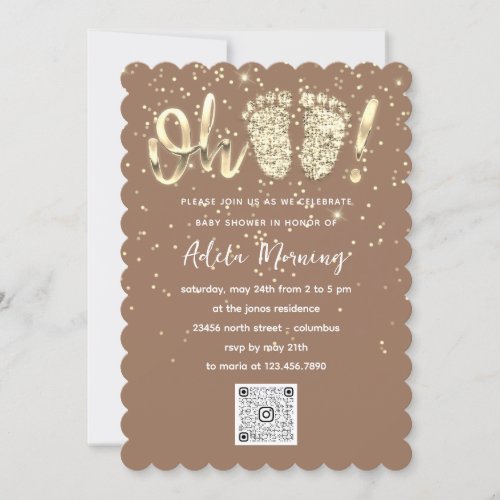 Gold Glitter Confetti Feet Baby Girl QR CODE Brown Invitation