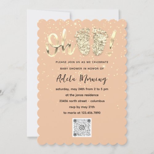 Gold Glitter Confetti Feet Baby Girl QR CODE Coral Invitation